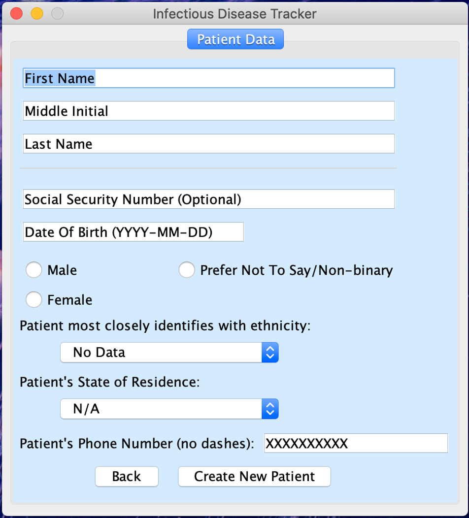 Contact Tracer New Patient Data Form Page